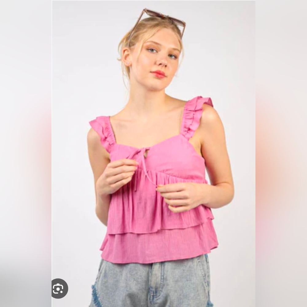 New In Ruffled Tie-Front Pink Tiered Tank Top